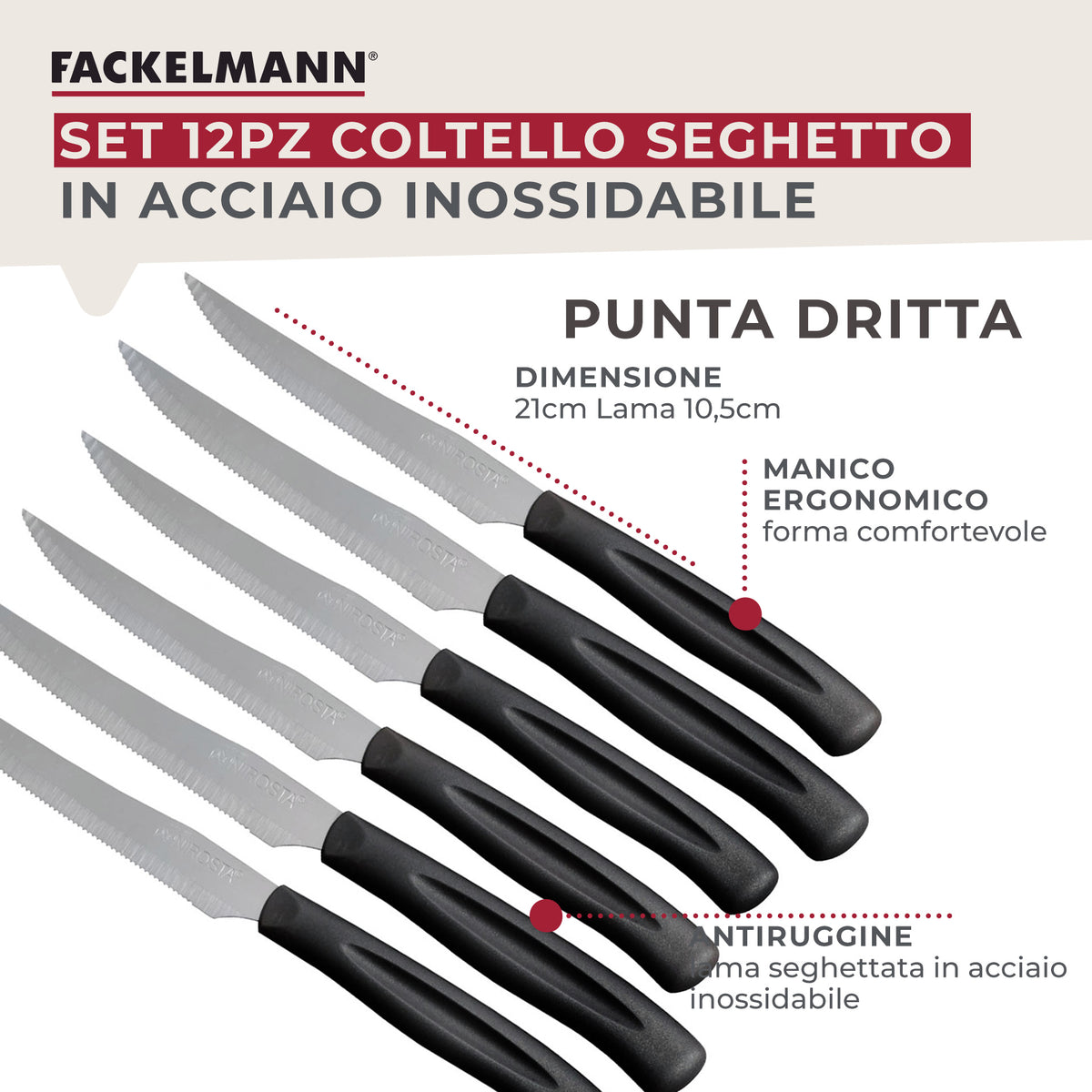 Set 12 Coltelli Lama Seghettata a punta,  21 cm, Acciaio Inox, Manico Nero