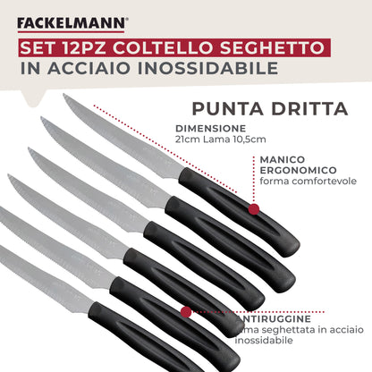 Set 12 Coltelli Lama Seghettata a punta,  21 cm, Acciaio Inox, Manico Nero