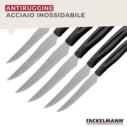 Set 12 Coltelli Lama Seghettata a punta,  21 cm, Acciaio Inox, Manico Nero