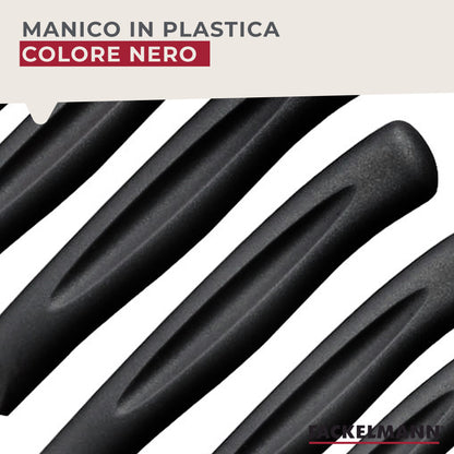 Set 12 Coltelli Lama Seghettata a punta,  21 cm, Acciaio Inox, Manico Nero