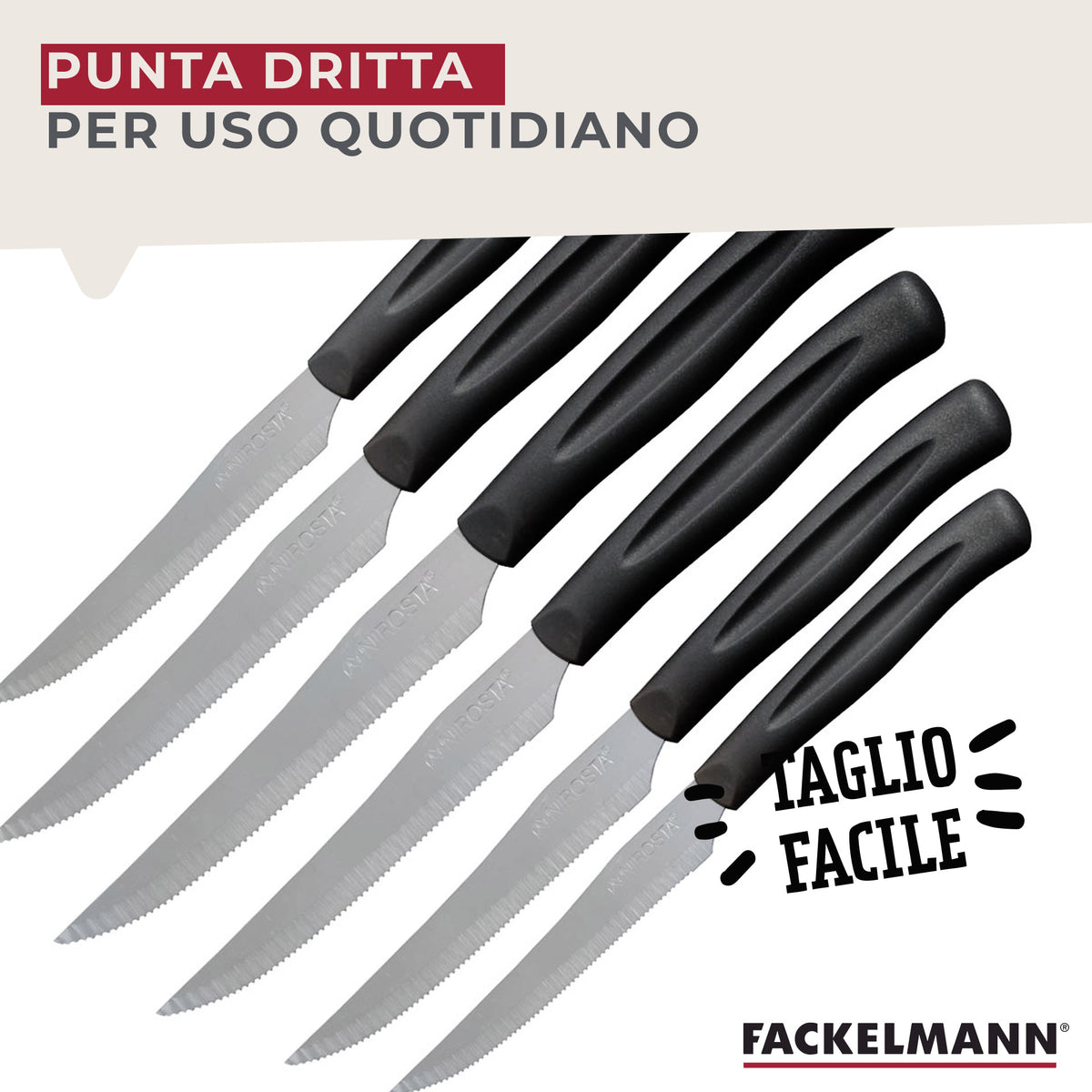 Set 12 Coltelli Lama Seghettata a punta,  21 cm, Acciaio Inox, Manico Nero