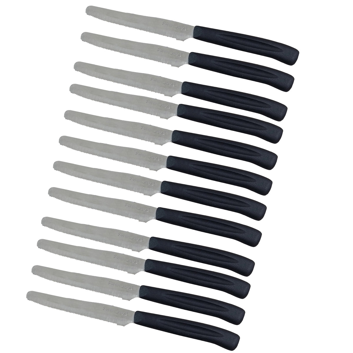 Set 12 Coltelli Lama Seghettata punta arrotondata, 21 cm, Acciaio Inox, Manico Nero