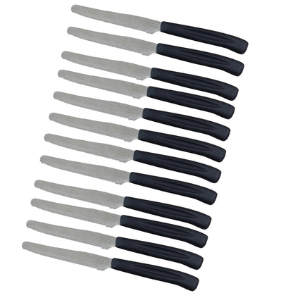 Set 12 Coltelli Lama Seghettata punta arrotondata, 21 cm, Acciaio Inox, Manico Nero