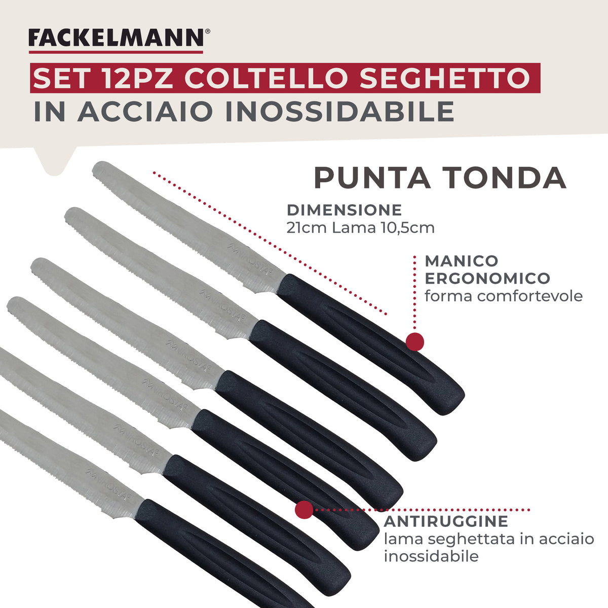 Set 12 Coltelli Lama Seghettata punta arrotondata, 21 cm, Acciaio Inox, Manico Nero