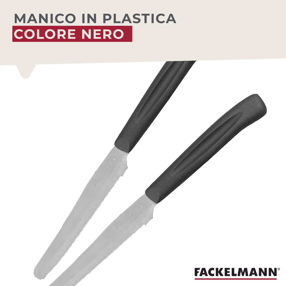 Set 12 Coltelli Lama Seghettata punta arrotondata, 21 cm, Acciaio Inox, Manico Nero