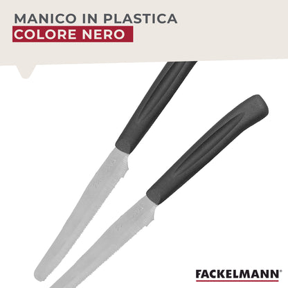 Set 12 Coltelli Lama Seghettata punta arrotondata, 21 cm, Acciaio Inox, Manico Nero