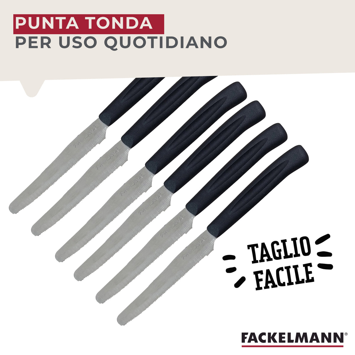 Set 12 Coltelli Lama Seghettata punta arrotondata, 21 cm, Acciaio Inox, Manico Nero
