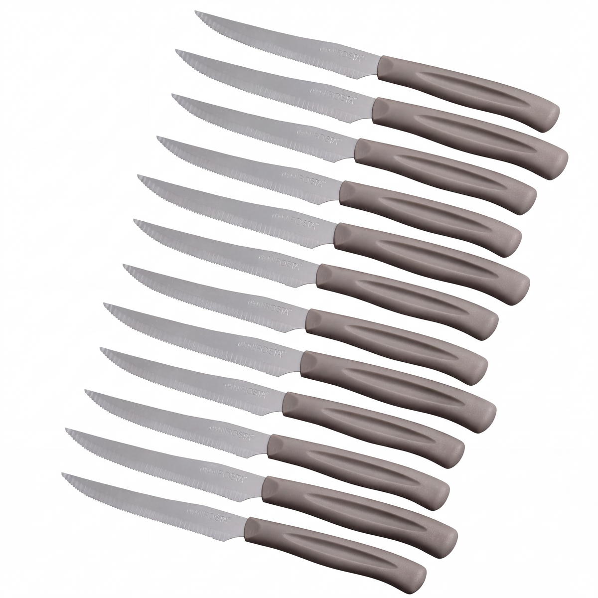 Set 12 Coltelli Lama Seghettata a punta, 21 cm, Acciaio Inox, Manico Tortora