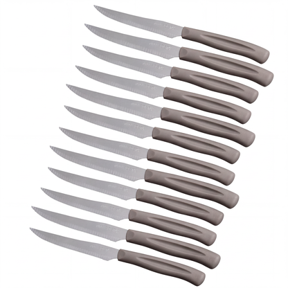 Set 12 Coltelli Lama Seghettata a punta, 21 cm, Acciaio Inox, Manico Tortora