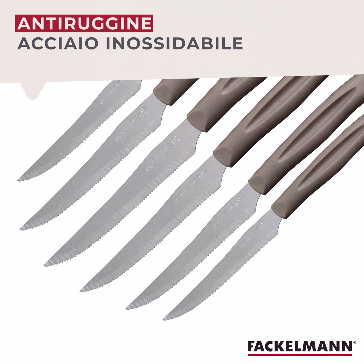 Set 12 Coltelli Lama Seghettata a punta, 21 cm, Acciaio Inox, Manico Tortora