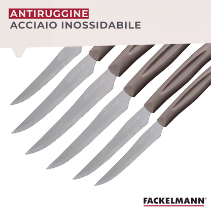 Set 12 Coltelli Lama Seghettata a punta, 21 cm, Acciaio Inox, Manico Tortora