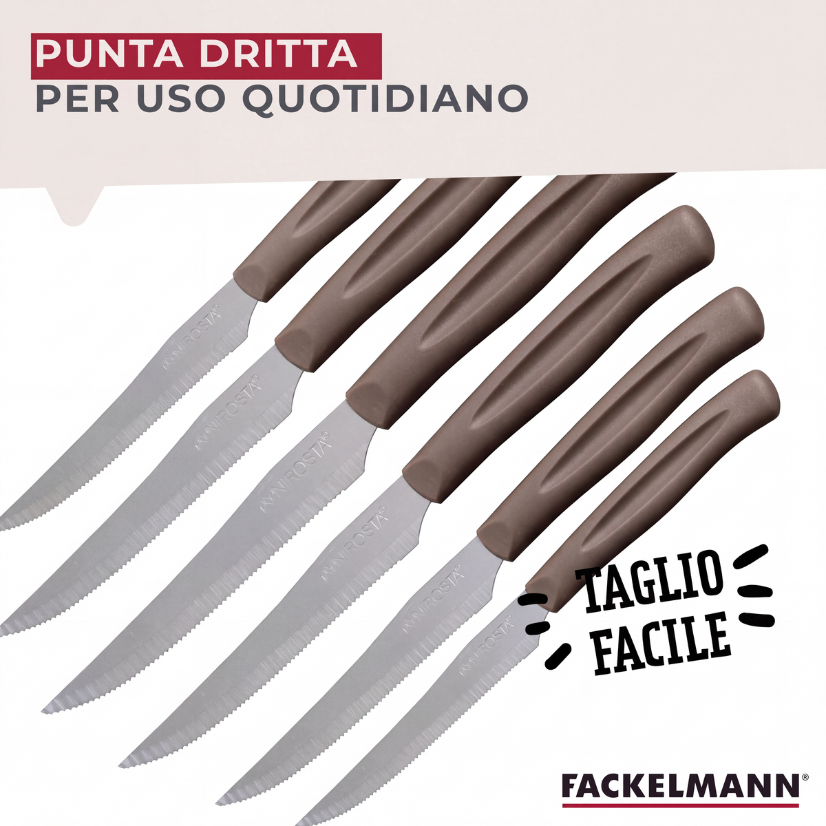 Set 12 Coltelli Lama Seghettata a punta, 21 cm, Acciaio Inox, Manico Tortora