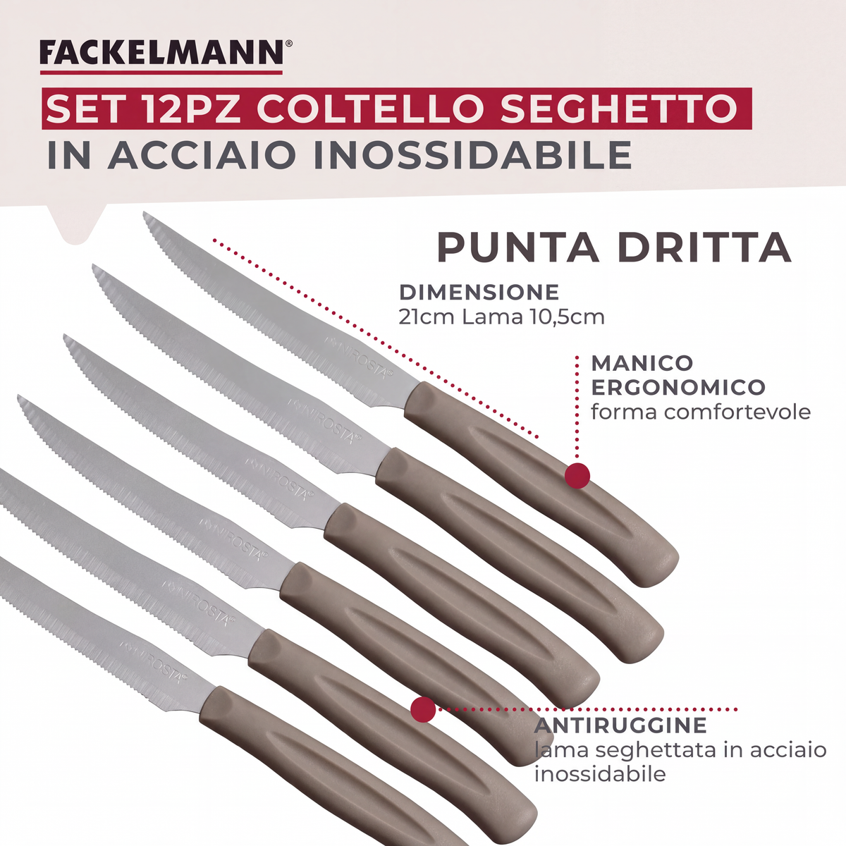 Set 12 Coltelli Lama Seghettata a punta, 21 cm, Acciaio Inox, Manico Tortora