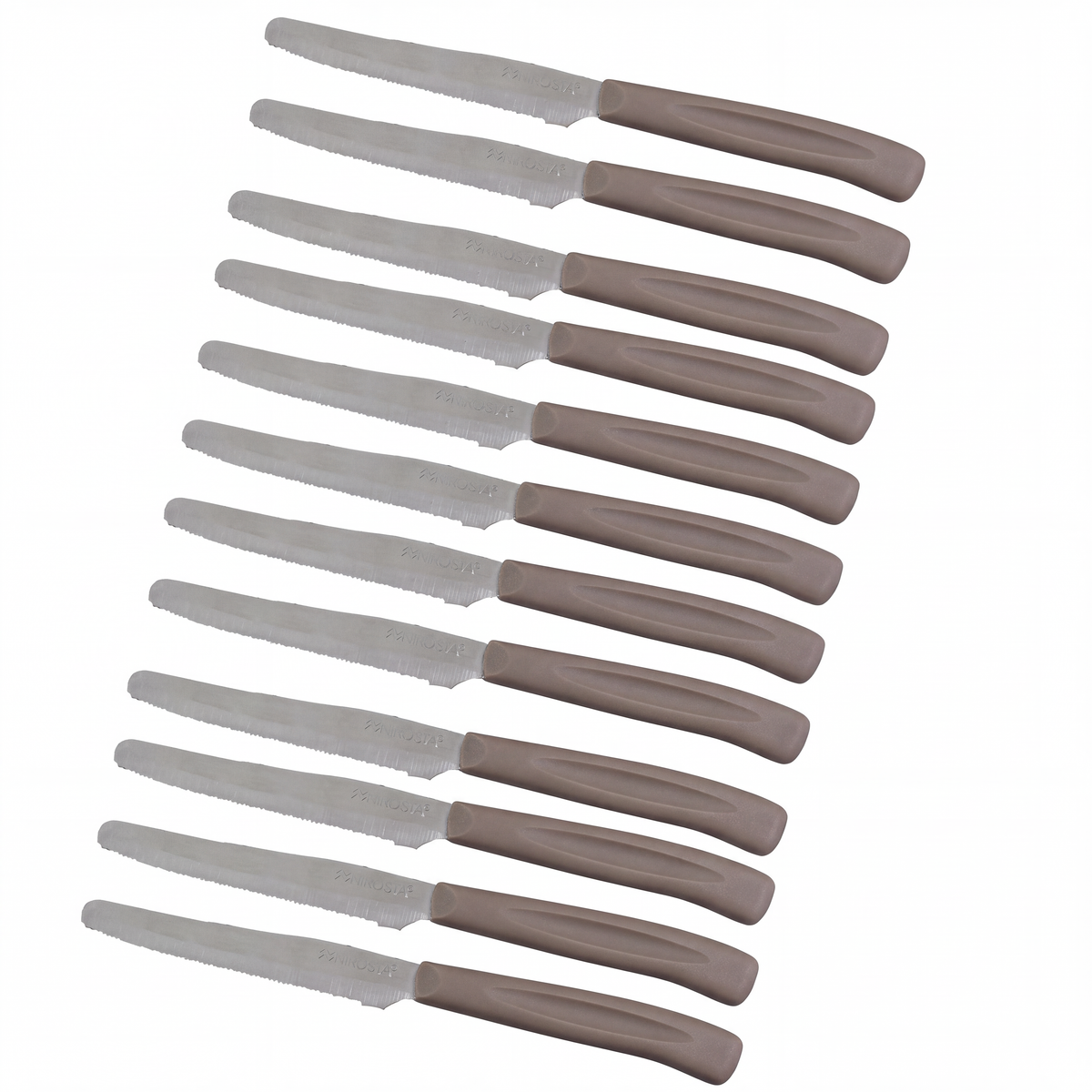 Set 12 Coltelli Lama Seghettata punta arrotondata, 21 cm, Acciaio Inox, Manico Tortora