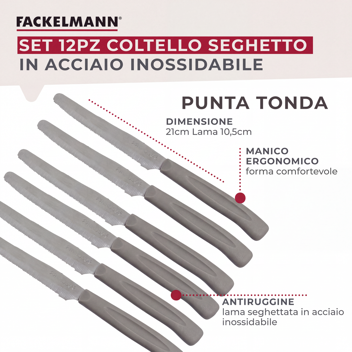 Set 12 Coltelli Lama Seghettata punta arrotondata, 21 cm, Acciaio Inox, Manico Tortora