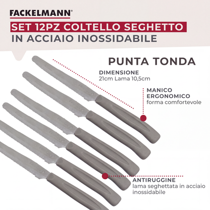 Set 12 Coltelli Lama Seghettata punta arrotondata, 21 cm, Acciaio Inox, Manico Tortora