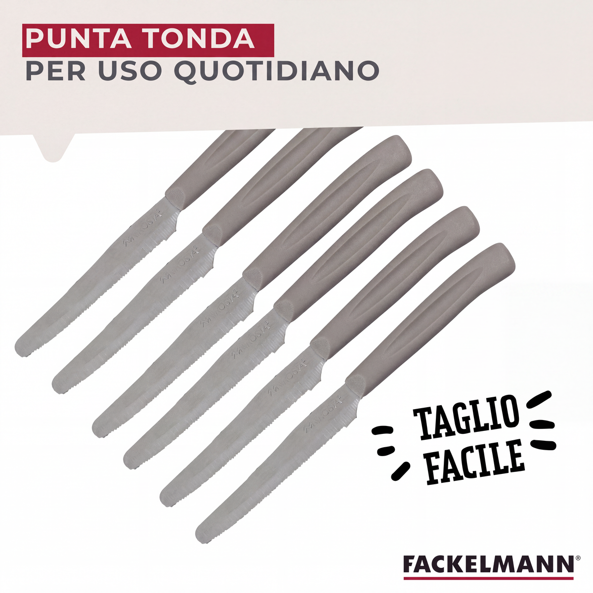 Set 12 Coltelli Lama Seghettata punta arrotondata, 21 cm, Acciaio Inox, Manico Tortora