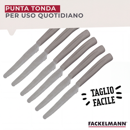 Set 12 Coltelli Lama Seghettata punta arrotondata, 21 cm, Acciaio Inox, Manico Tortora
