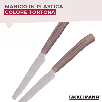 Set 12 Coltelli Lama Seghettata punta arrotondata, 21 cm, Acciaio Inox, Manico Tortora