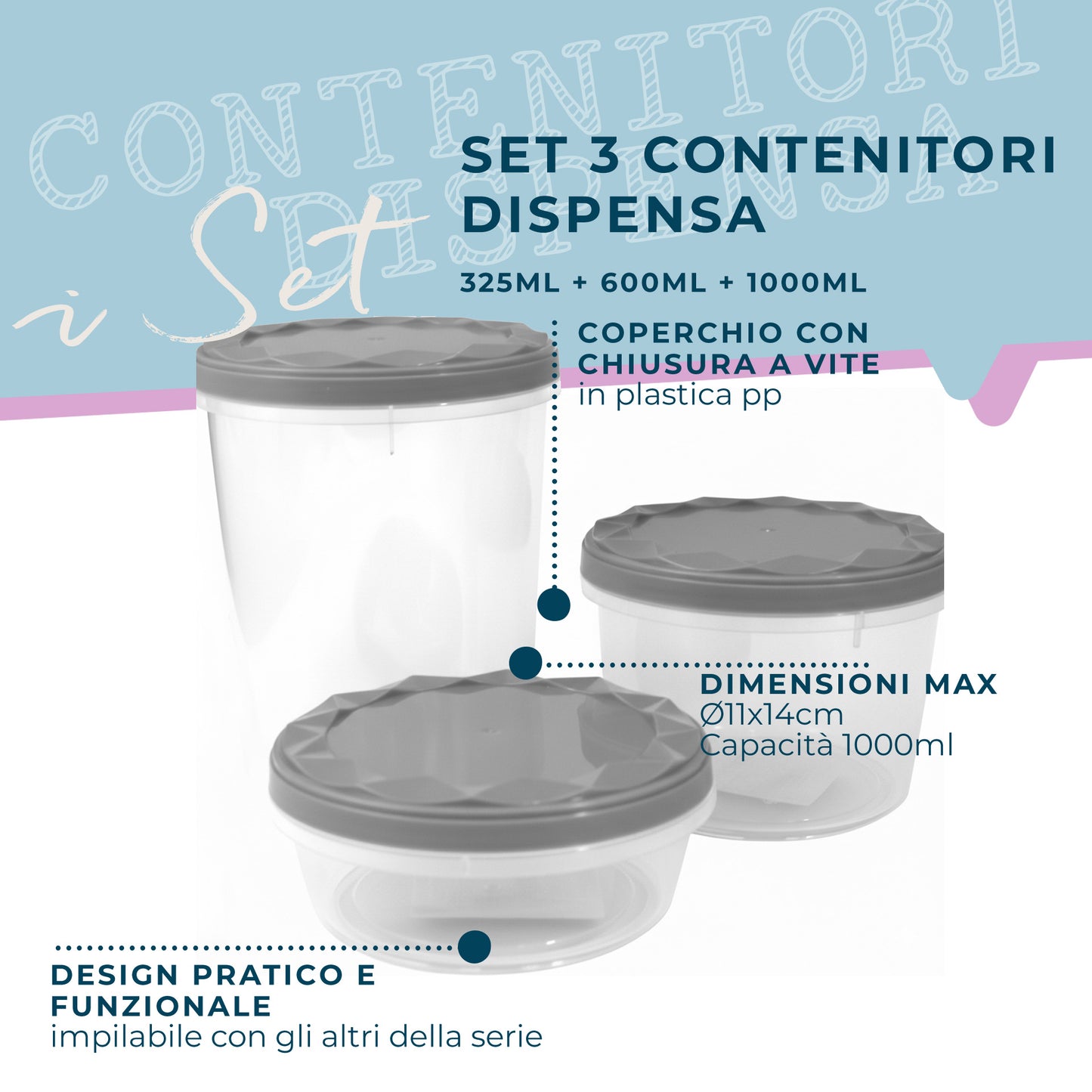 Set di 3 contenitori, dimensioni varie