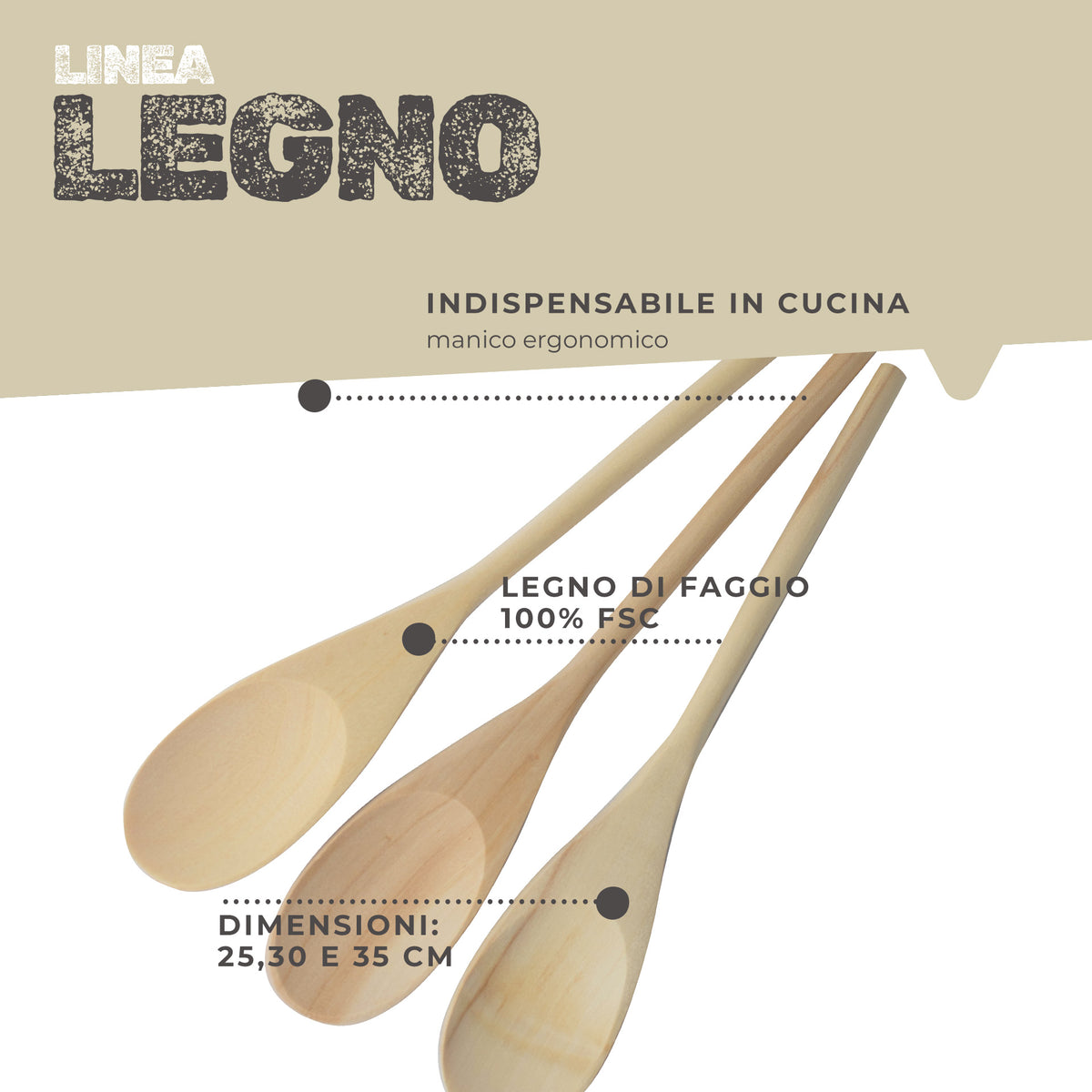 Set 3 cucchiai da cucina in legno, 25, 30 e 35 cm