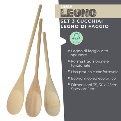 Set 3 cucchiai da cucina in legno, 25, 30 e 35 cm
