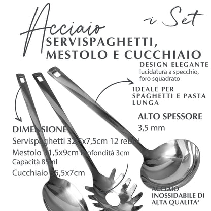 Set Cucchiaio, Mestolo e Servispaghetti in Acciaio Inox