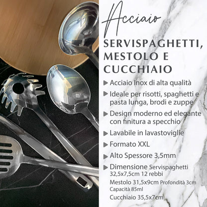 Set Cucchiaio, Mestolo e Servispaghetti in Acciaio Inox