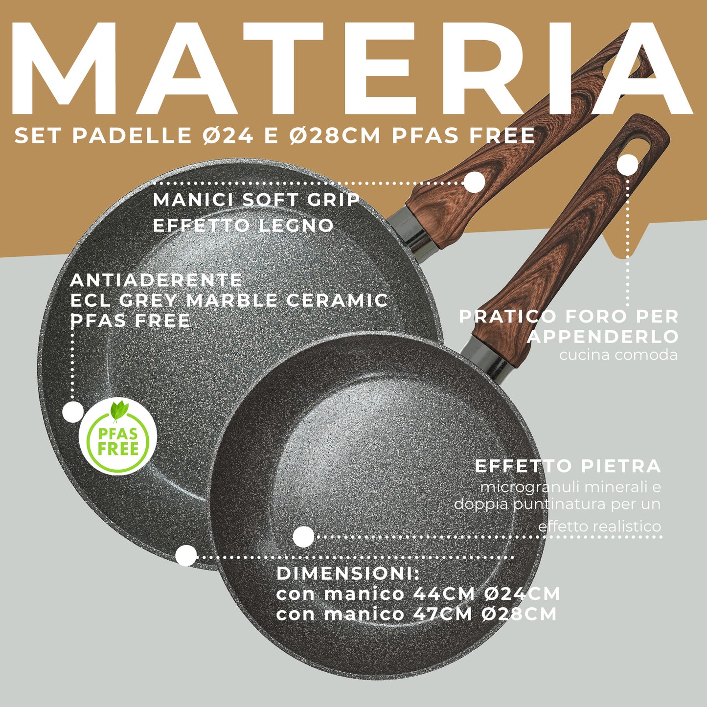 Set 2 padelle Ø24 e Ø28 cm, in alluminio riciclato forgiato, Linea Materia