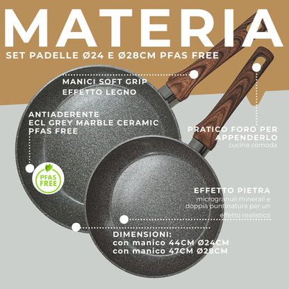 Set 2 padelle Ø24 e Ø28 cm, in alluminio riciclato forgiato, Linea Materia