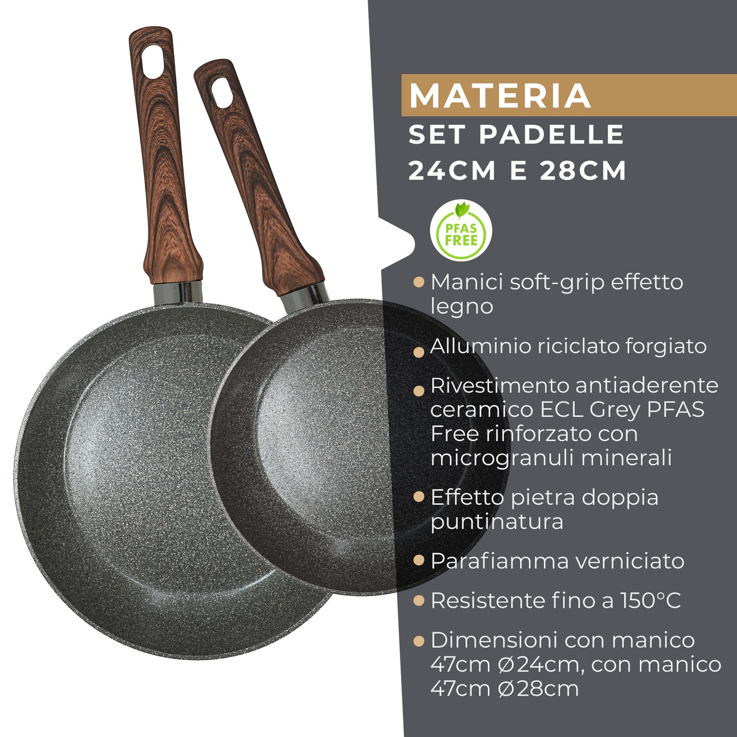 Set 2 padelle Ø24 e Ø28 cm, in alluminio riciclato forgiato, Linea Materia
