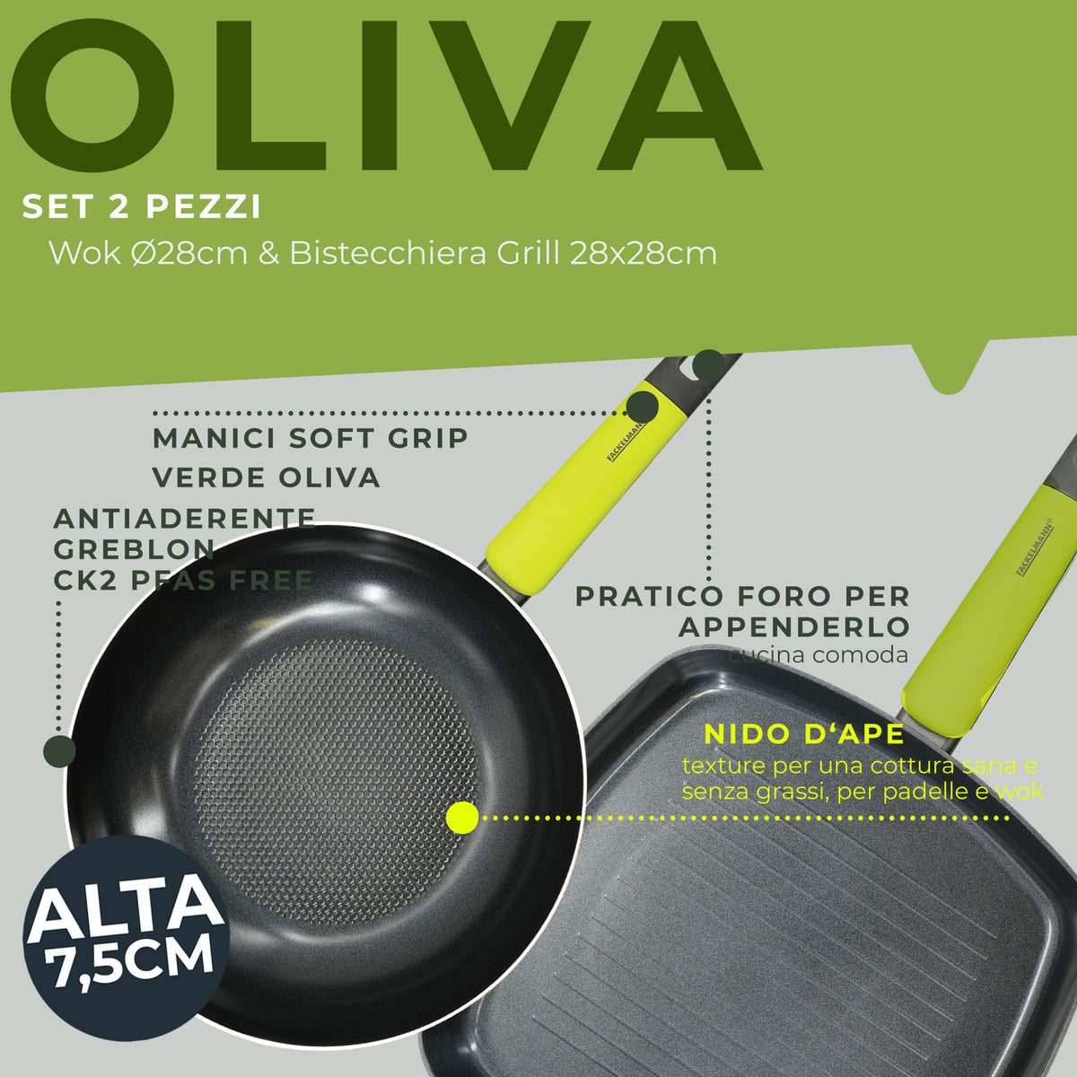 Set Padella Wok e Bistecchiera Grill, Linea Oliva