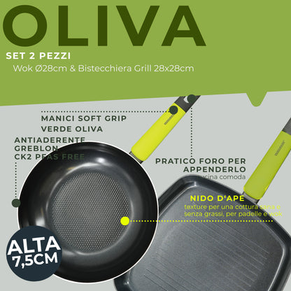Set Padella Wok e Bistecchiera Grill, Linea Oliva