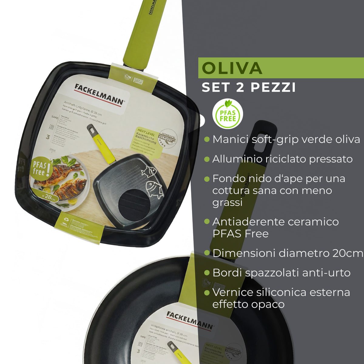Set Padella Wok e Bistecchiera Grill, Linea Oliva