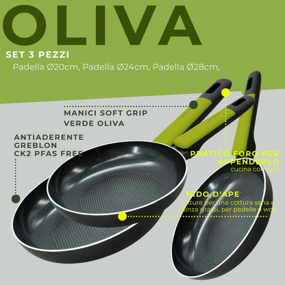 Set 3 padelle antiaderenti in alluminio, fondo a nido d'ape, 20-24-28 cm, Linea Oliva