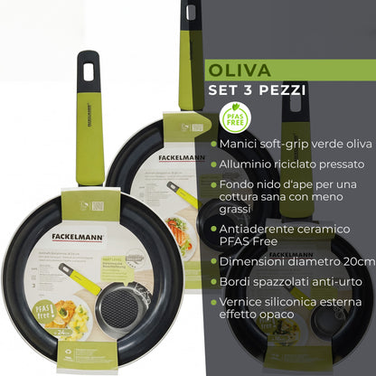 Set 3 padelle antiaderenti in alluminio, fondo a nido d'ape, 20-24-28 cm, Linea Oliva