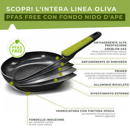 Set 3 padelle antiaderenti in alluminio, fondo a nido d'ape, 20-24-28 cm, Linea Oliva