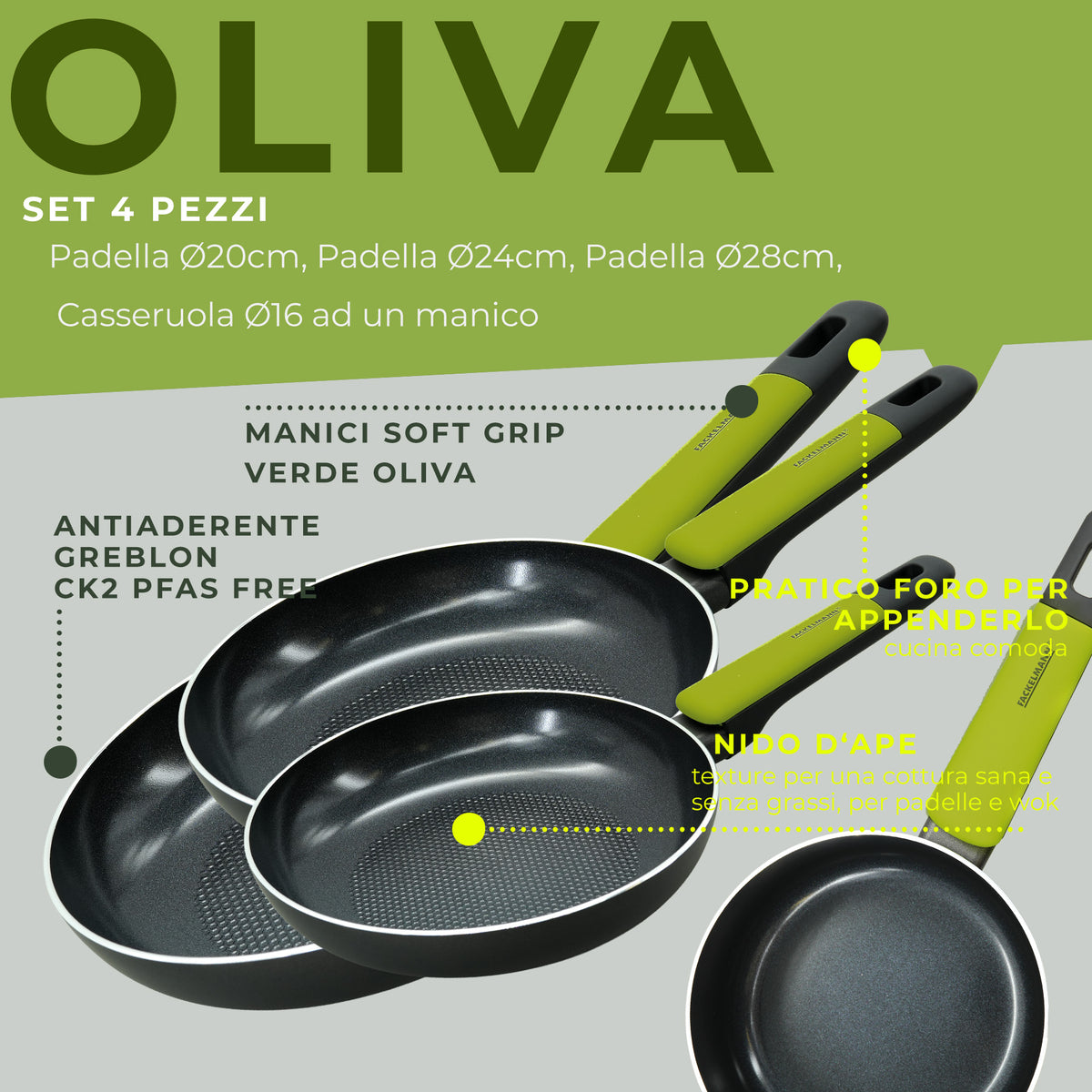 Set Padelle e Casseruola, Linea Oliva