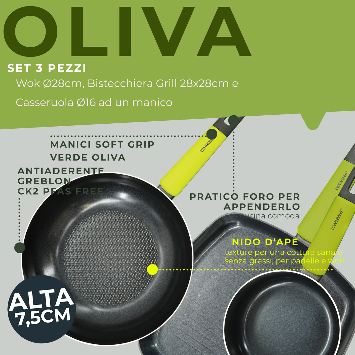Set Padella Wok, Bistecchiera Grill e Casseruola, Linea Oliva