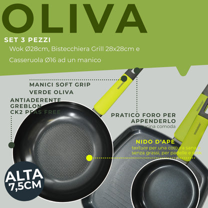 Set Padella Wok, Bistecchiera Grill e Casseruola, Linea Oliva
