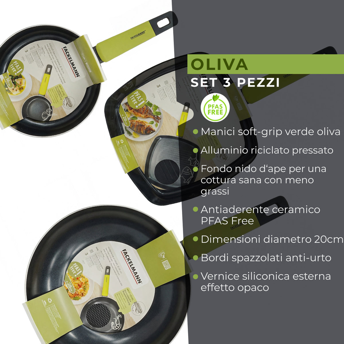Set Padella Wok, Bistecchiera Grill e Casseruola, Linea Oliva