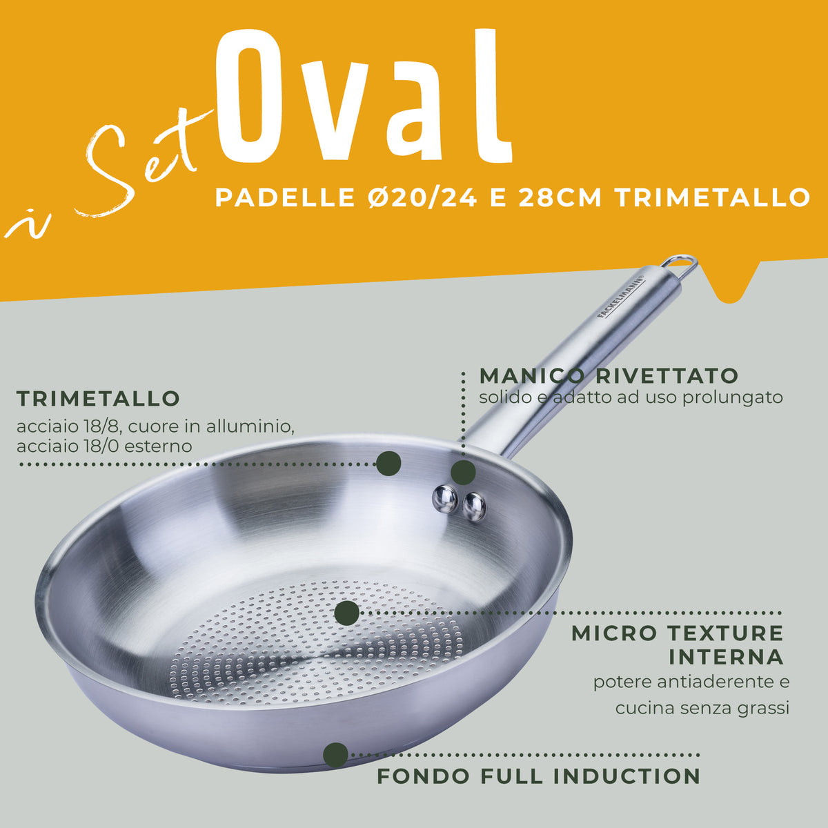 Set di 3 padelle trimetallo, 20, 24, 28 cm, Linea Oval