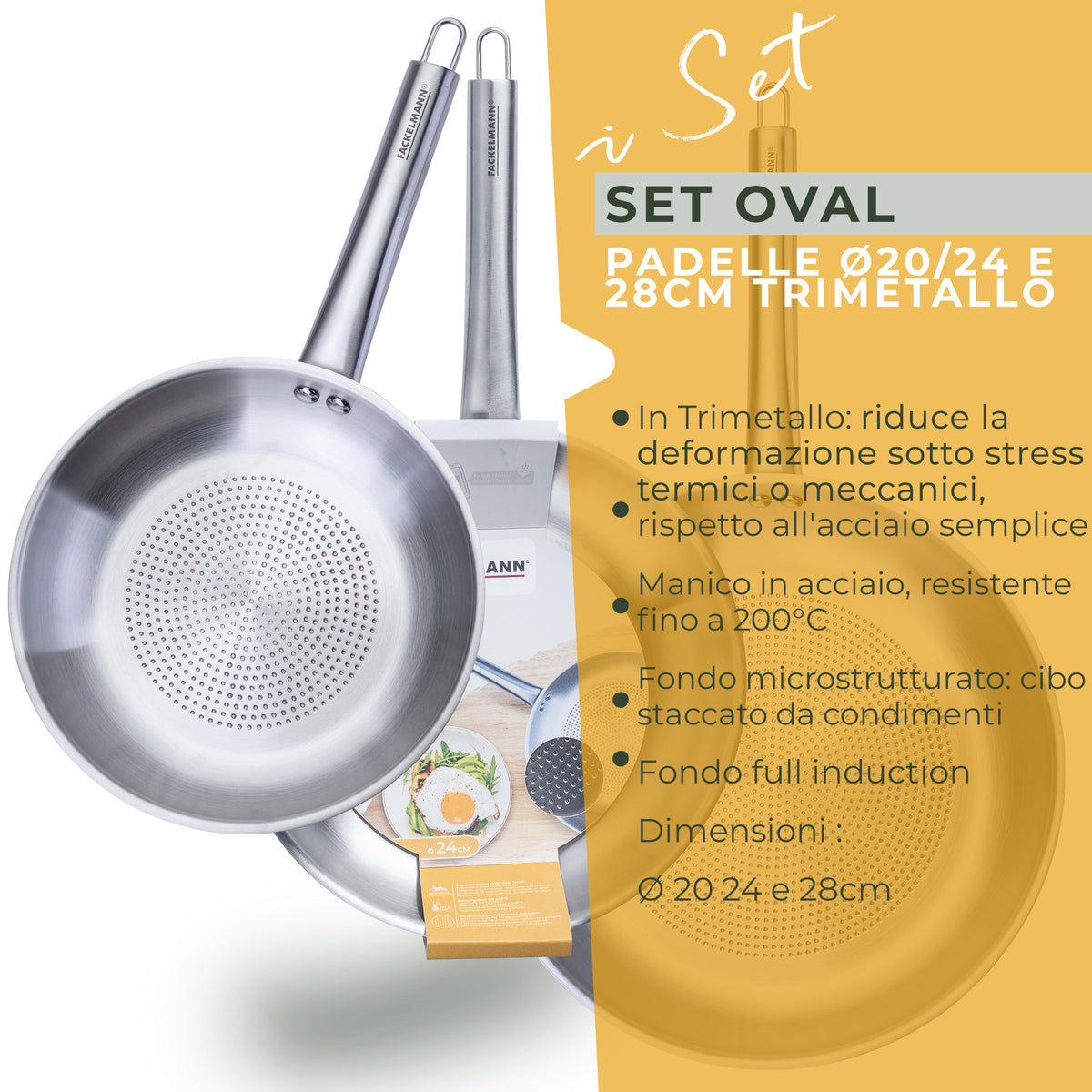 Set di 3 padelle trimetallo, 20, 24, 28 cm, Linea Oval