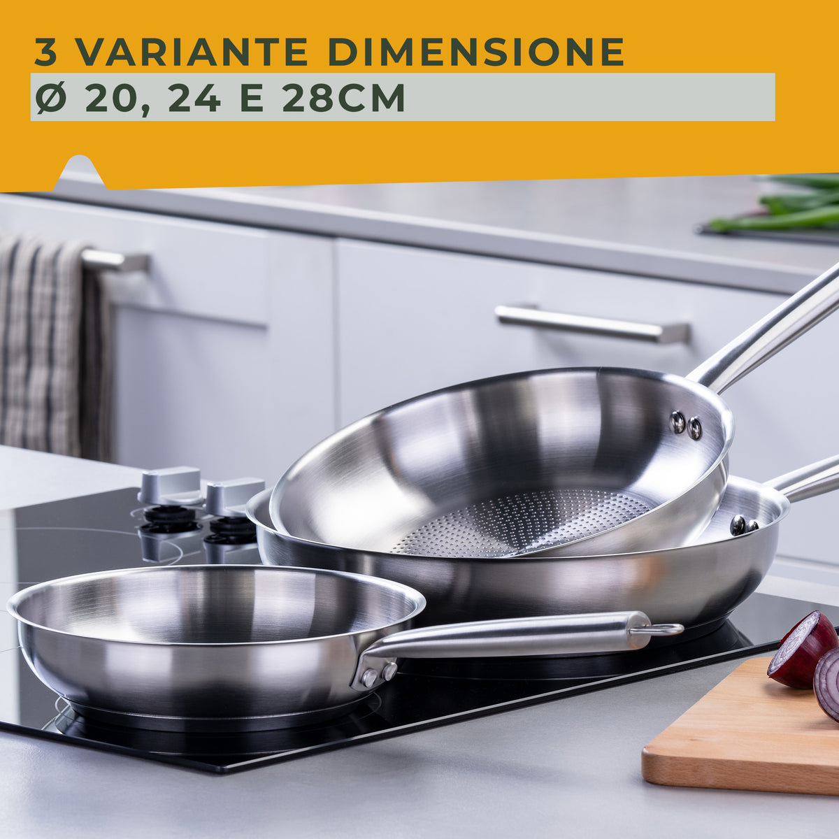 Set di 3 padelle trimetallo, 20, 24, 28 cm, Linea Oval