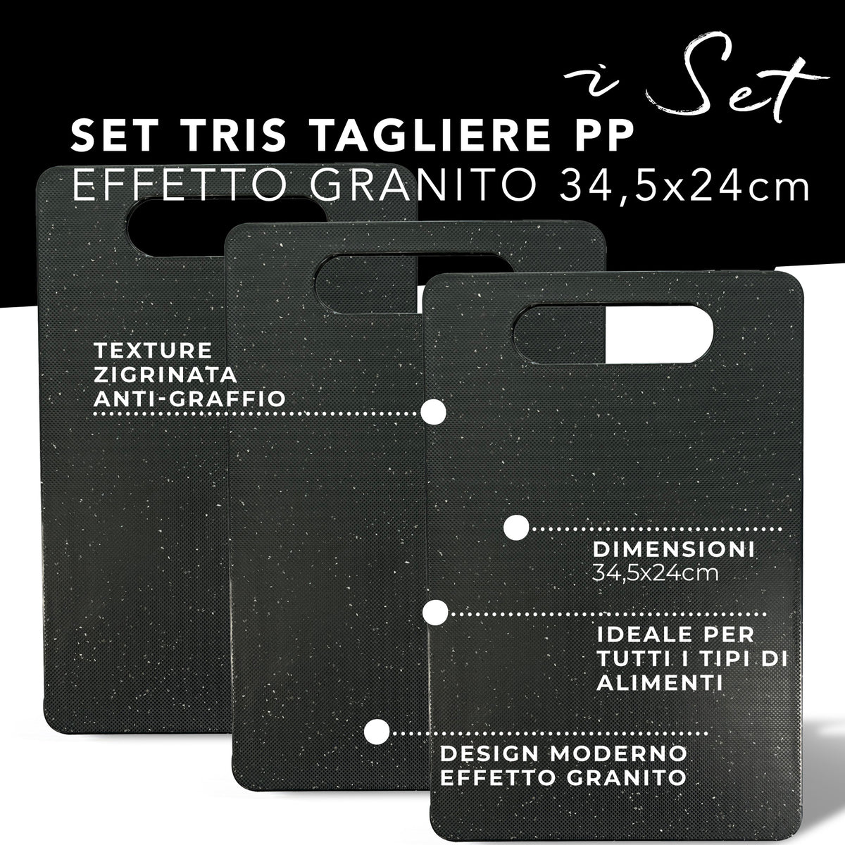 Set 3 Taglieri da Cucina Effetto Granito – Antiscivolo - 34,5 x 24 cm