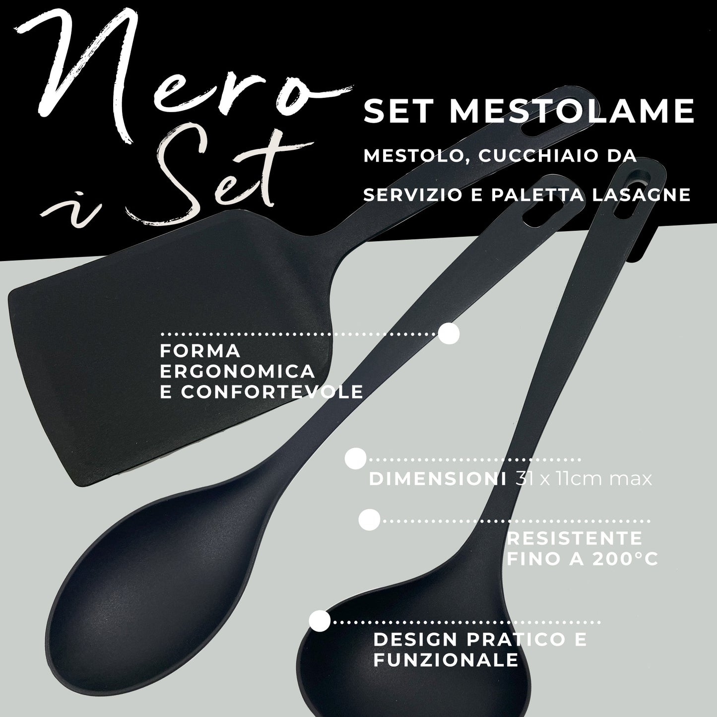 Set di 3 Utensili da cucina in nylon, paletta lasagne, mestolo e cucchiaio