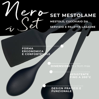 Set di 3 Utensili da cucina in nylon, paletta lasagne, mestolo e cucchiaio