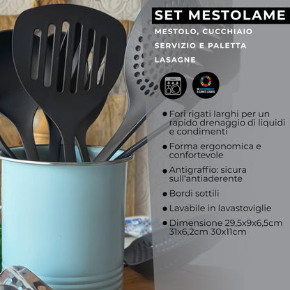 Set di 3 Utensili da cucina in nylon, paletta lasagne, mestolo e cucchiaio