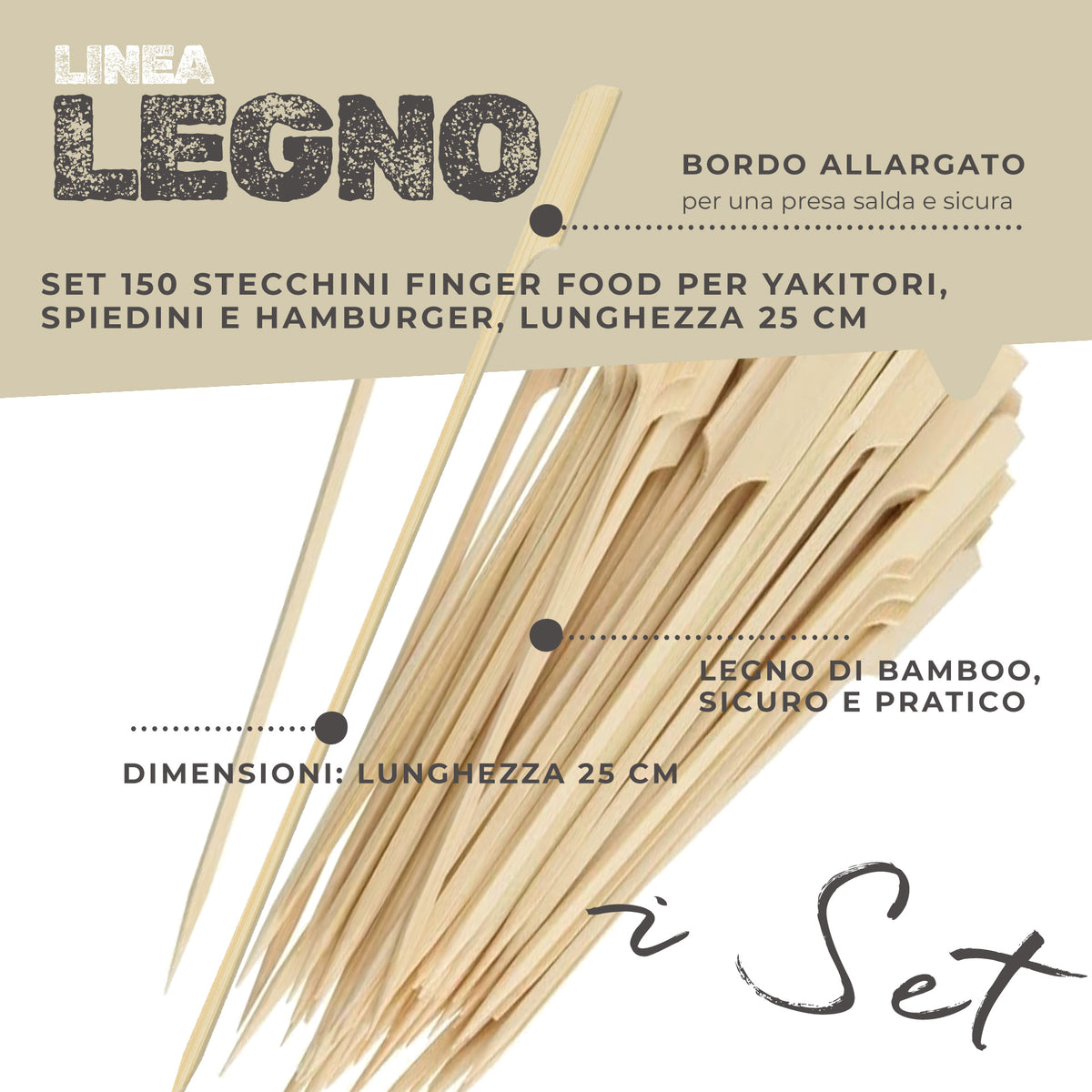 Spiedini in Legno da 25 cm –  150 pezzi - Bastoncini per Barbecue, Carne, Verdure e Frutta