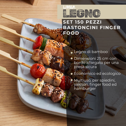 Spiedini in Legno da 25 cm –  150 pezzi - Bastoncini per Barbecue, Carne, Verdure e Frutta